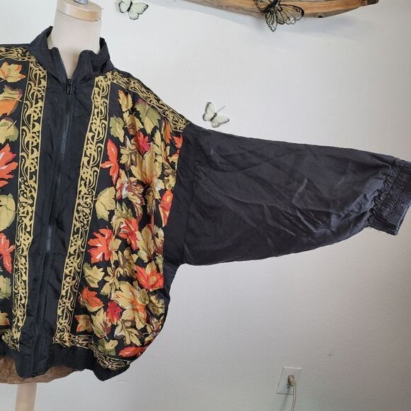 Vintage silk zip up bomber jacket foliage print - Picture 8 of 8
